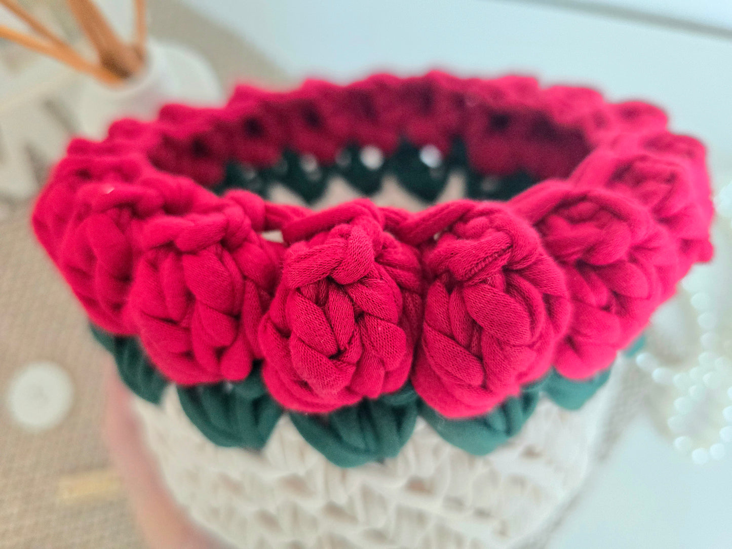 Handmade crochet Rose basket: Makeup brush, hair accessories holder