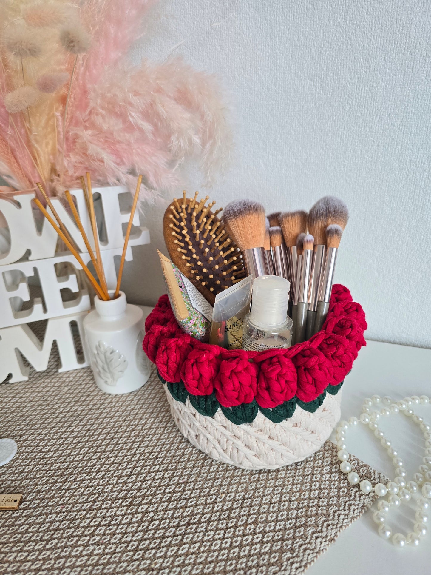 Handmade crochet Rose basket: Makeup brush, hair accessories holder