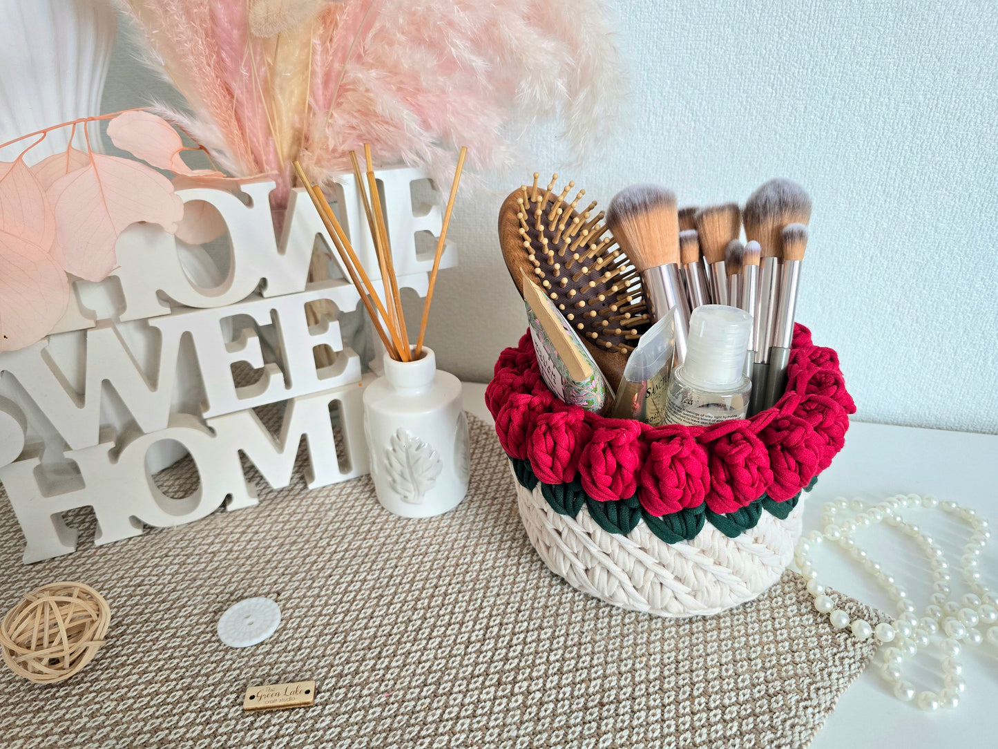 Handmade crochet Rose basket: Makeup brush, hair accessories holder