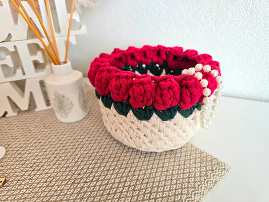 Handmade crochet Rose basket: Makeup brush, hair accessories holder