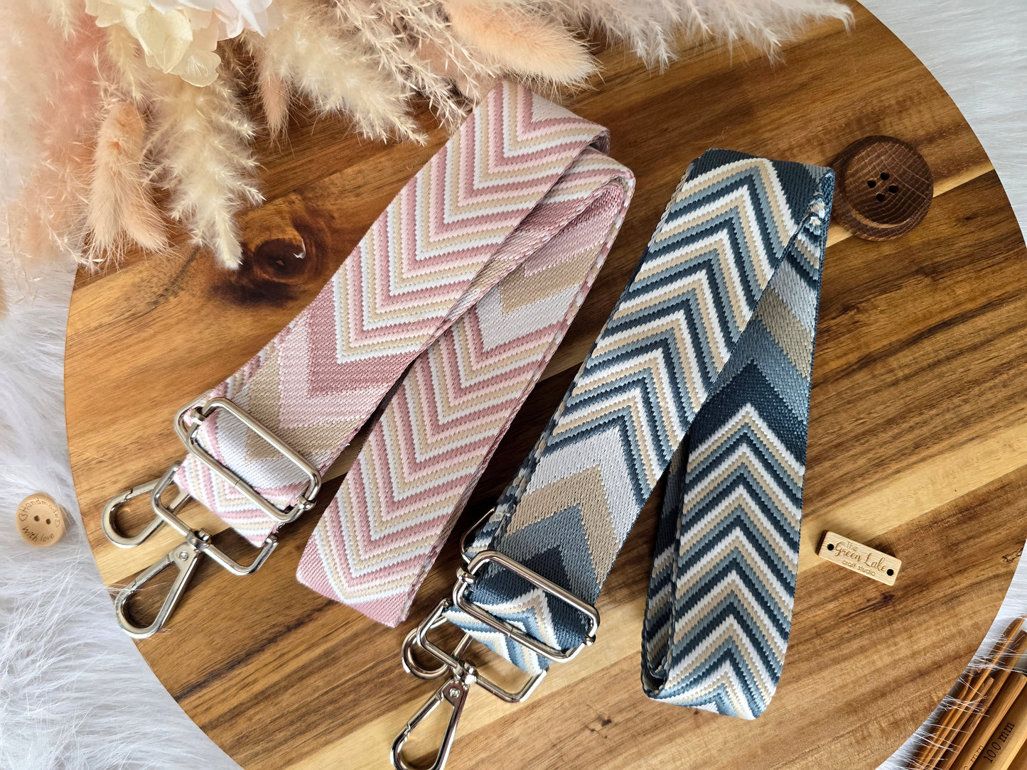 Bag straps with silver hardware