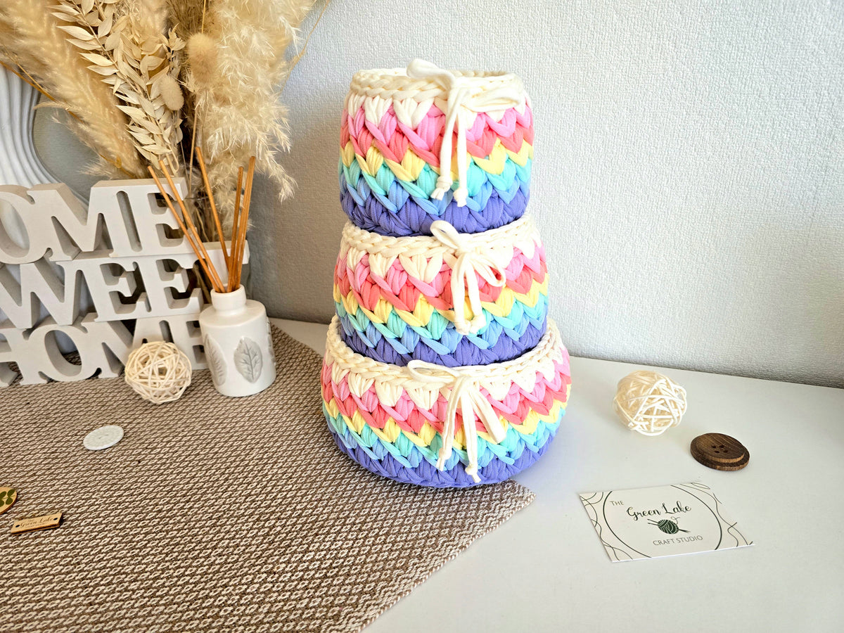 Handmade Crochet Basket: Rainbow Nursery Organizer, ECO Decor Spring colour