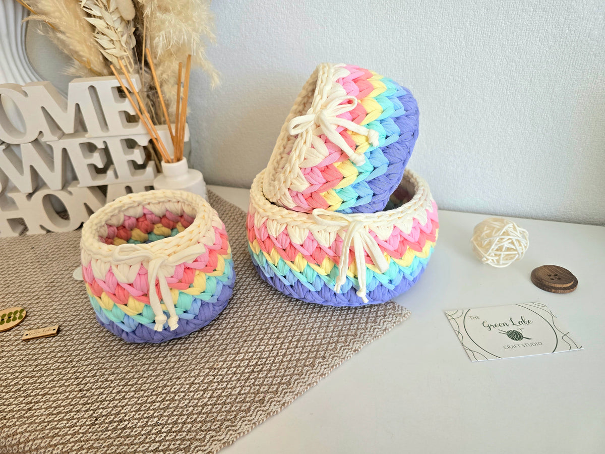 Handmade Crochet Basket: Rainbow Nursery Organizer, ECO Decor Spring colour