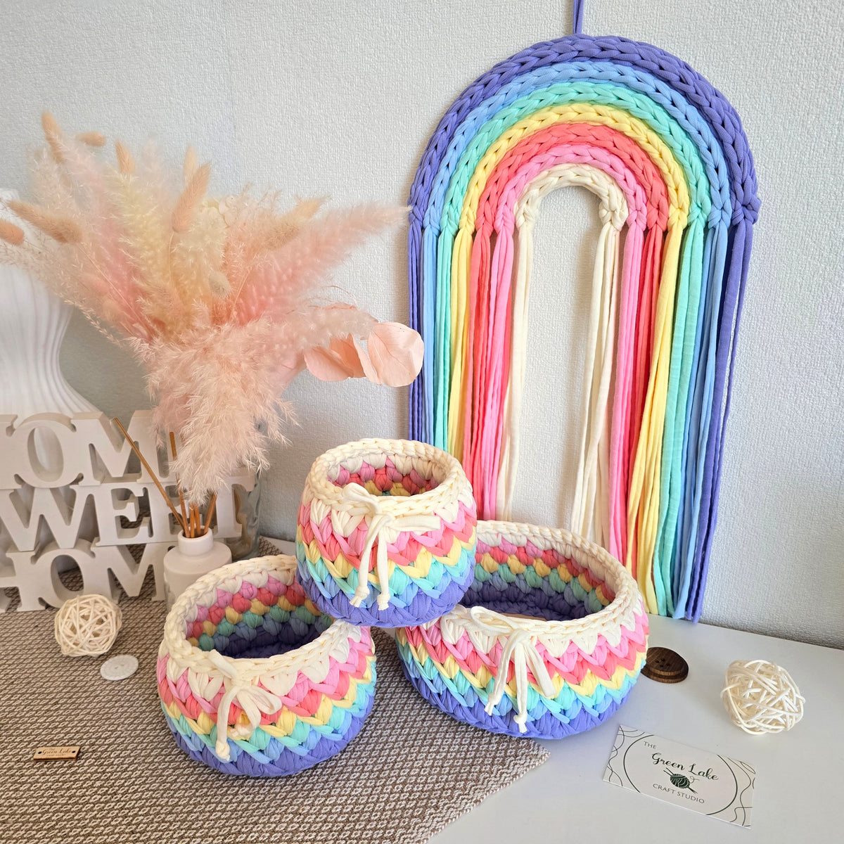 Handmade Crochet Basket: Rainbow Nursery Organizer, ECO Decor Spring colour
