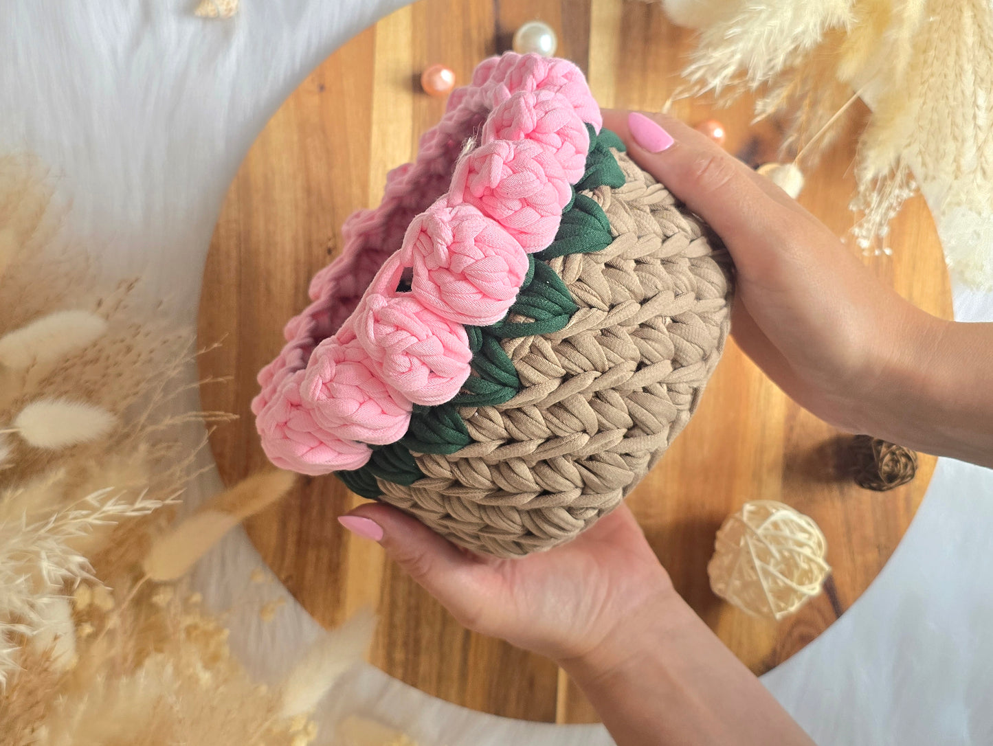 Handmade crochet Rose basket: Makeup brush, hair accessories holder