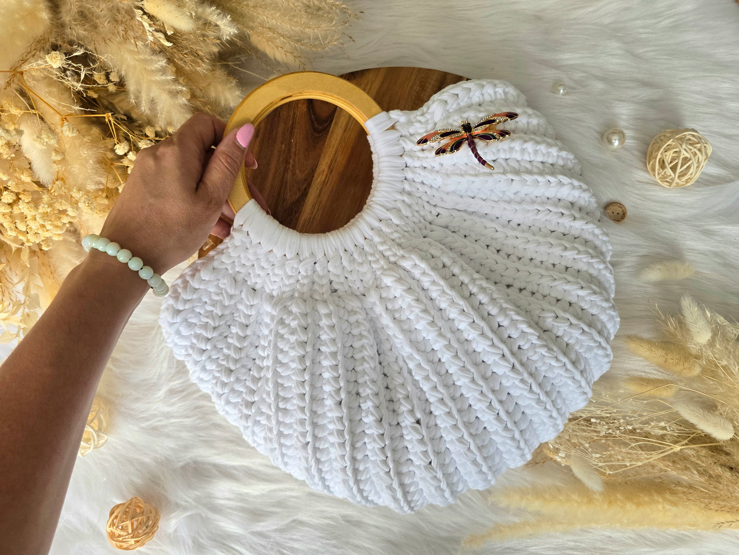 Crochet Gemma Shell Bag with circular handles: various colours