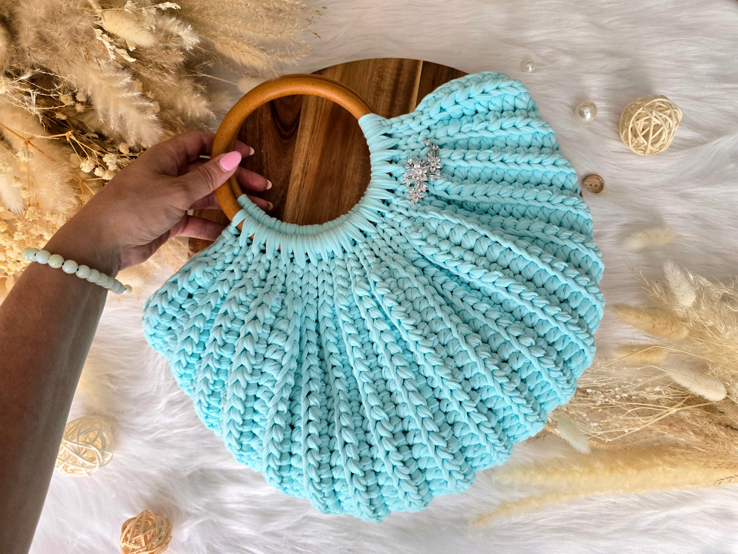 Crochet Gemma Shell Bag with circular handles: various colours