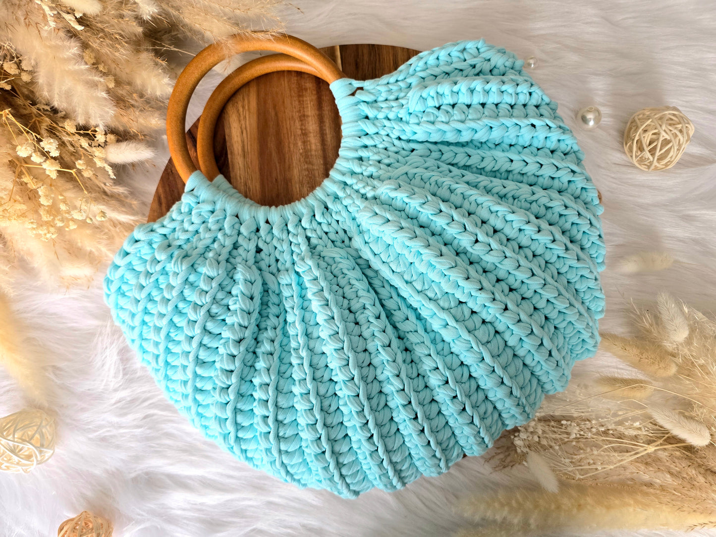 Crochet Gemma Shell Bag with circular handles: various colours