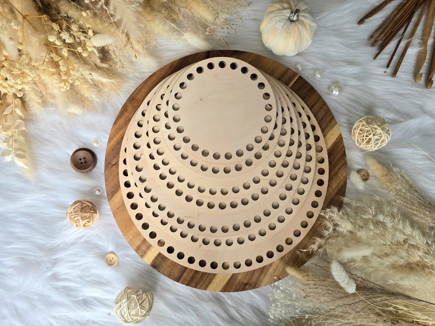 Circular wooden bases with 10mm holes for crochet, coiled or Macrame basket