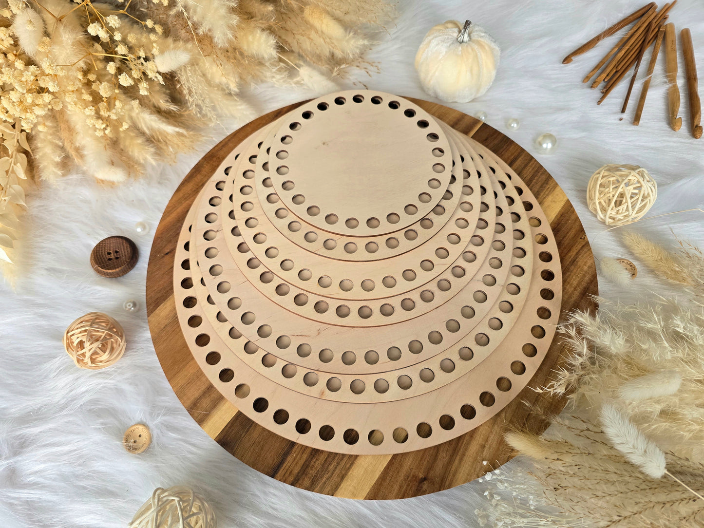 Circular wooden bases with 10mm holes for crochet, coiled or Macrame basket