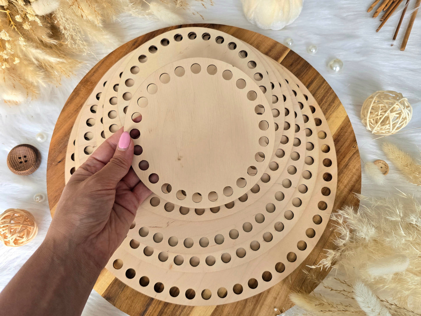 Circular wooden bases with 10mm holes for crochet, coiled or Macrame basket