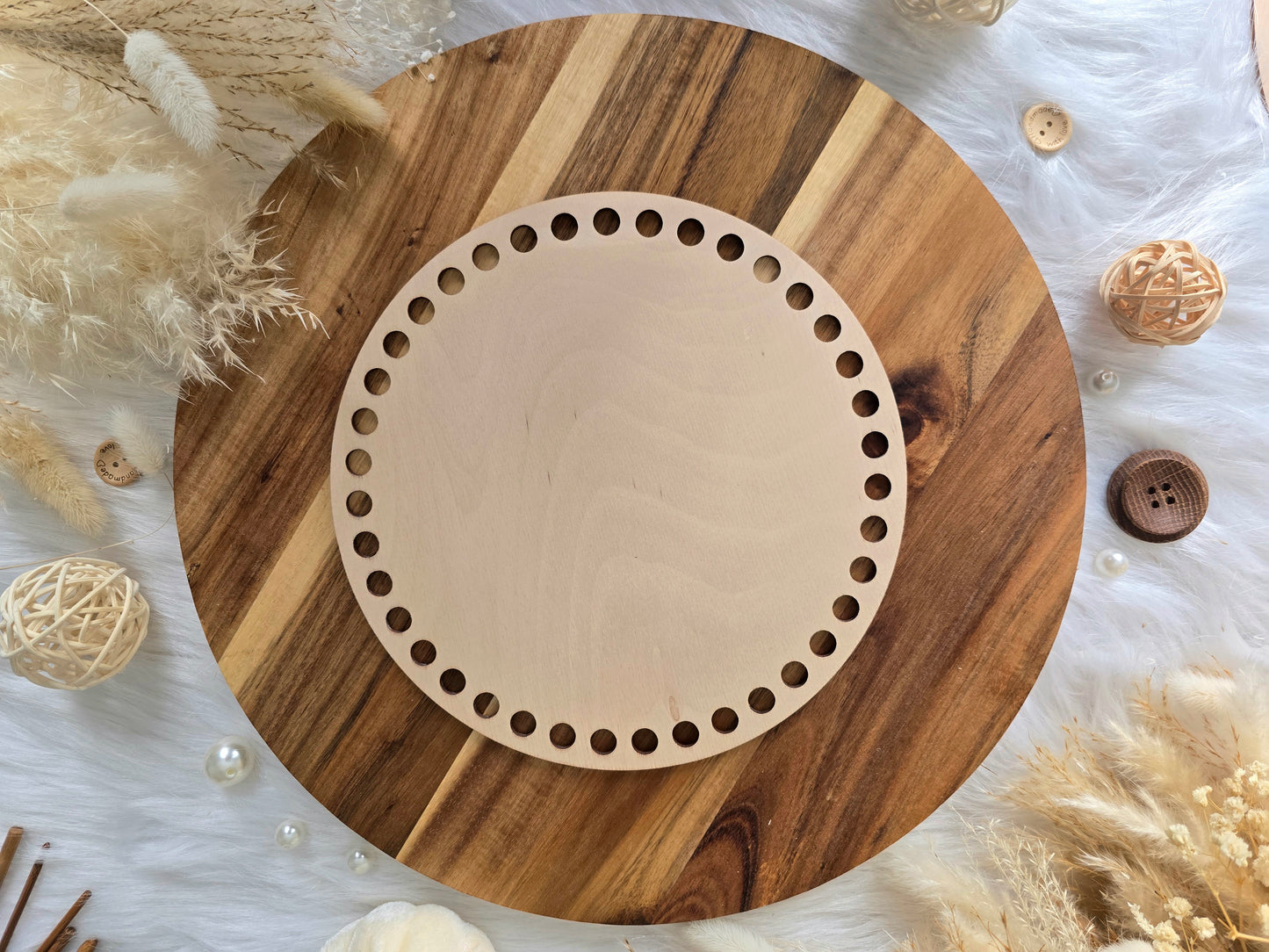 Circular wooden bases with 10mm holes for crochet, coiled or Macrame basket