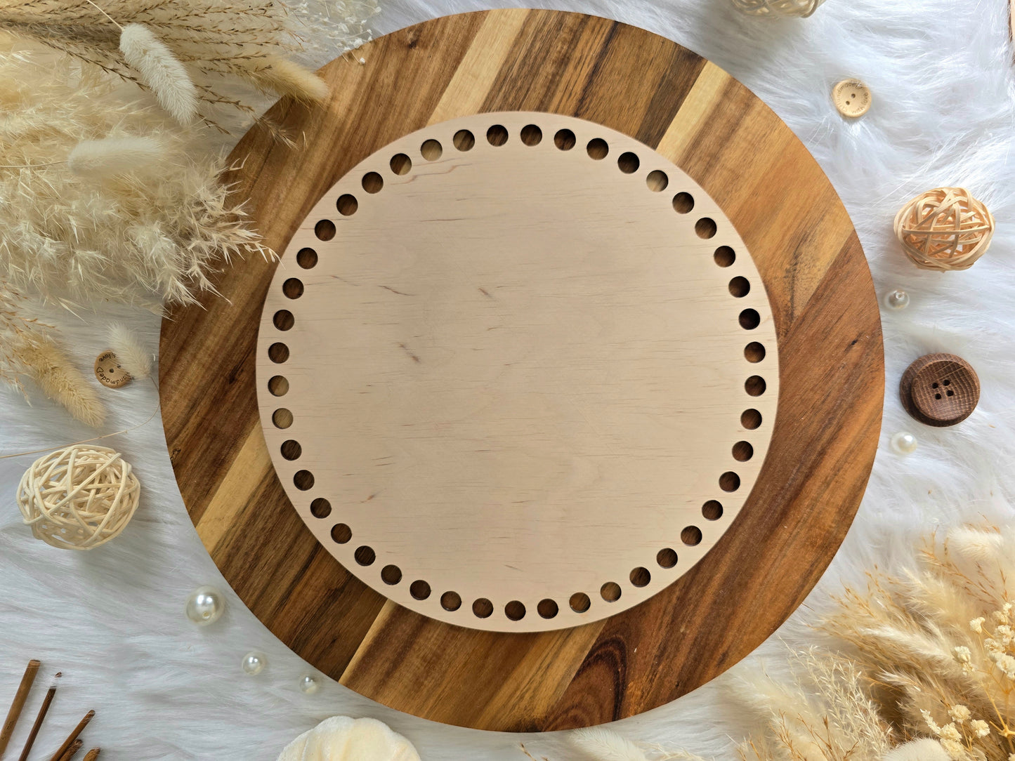 Circular wooden bases with 10mm holes for crochet, coiled or Macrame basket