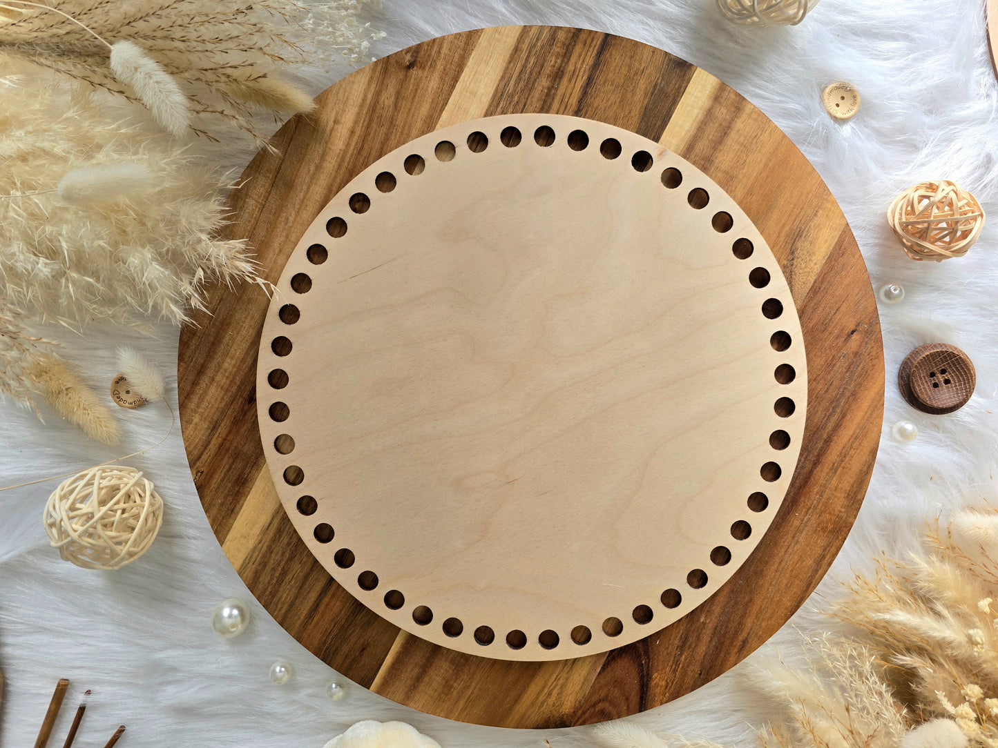 Circular wooden bases with 10mm holes for crochet, coiled or Macrame basket