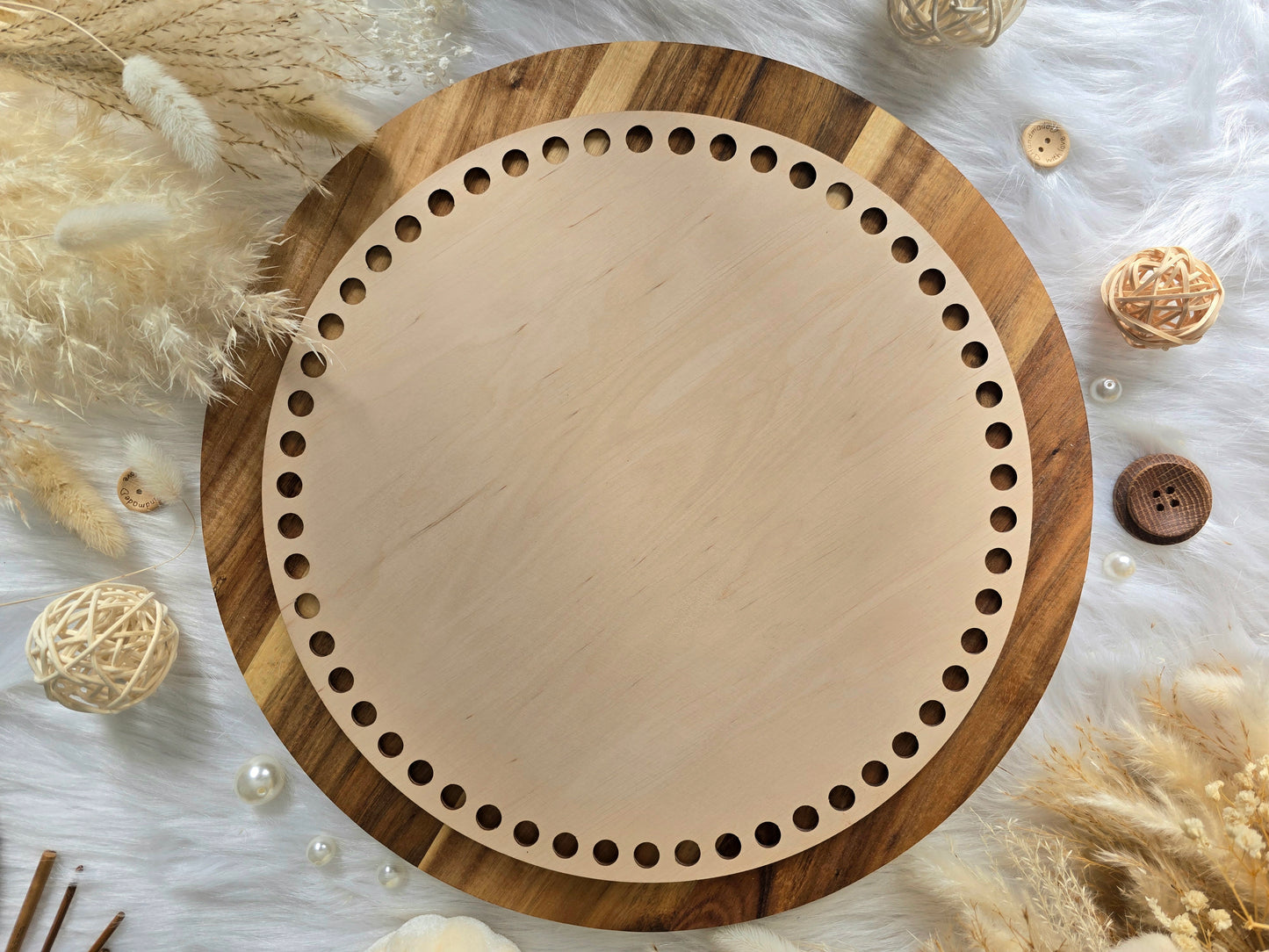Circular wooden bases with 10mm holes for crochet, coiled or Macrame basket