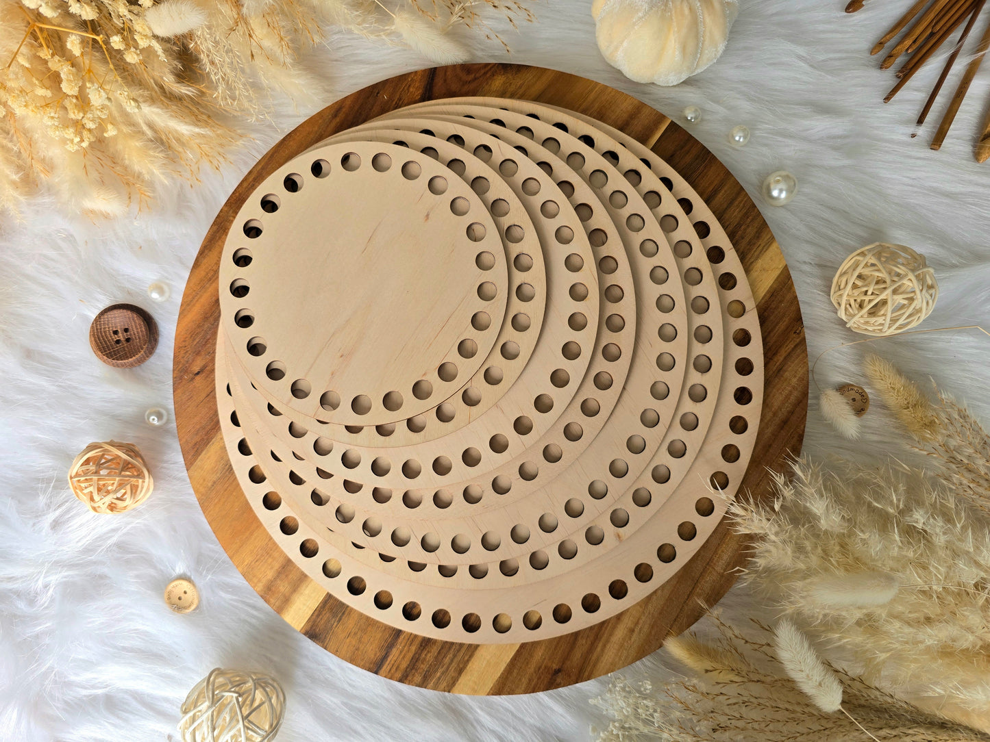 Circular wooden bases with 10mm holes for crochet, coiled or Macrame basket
