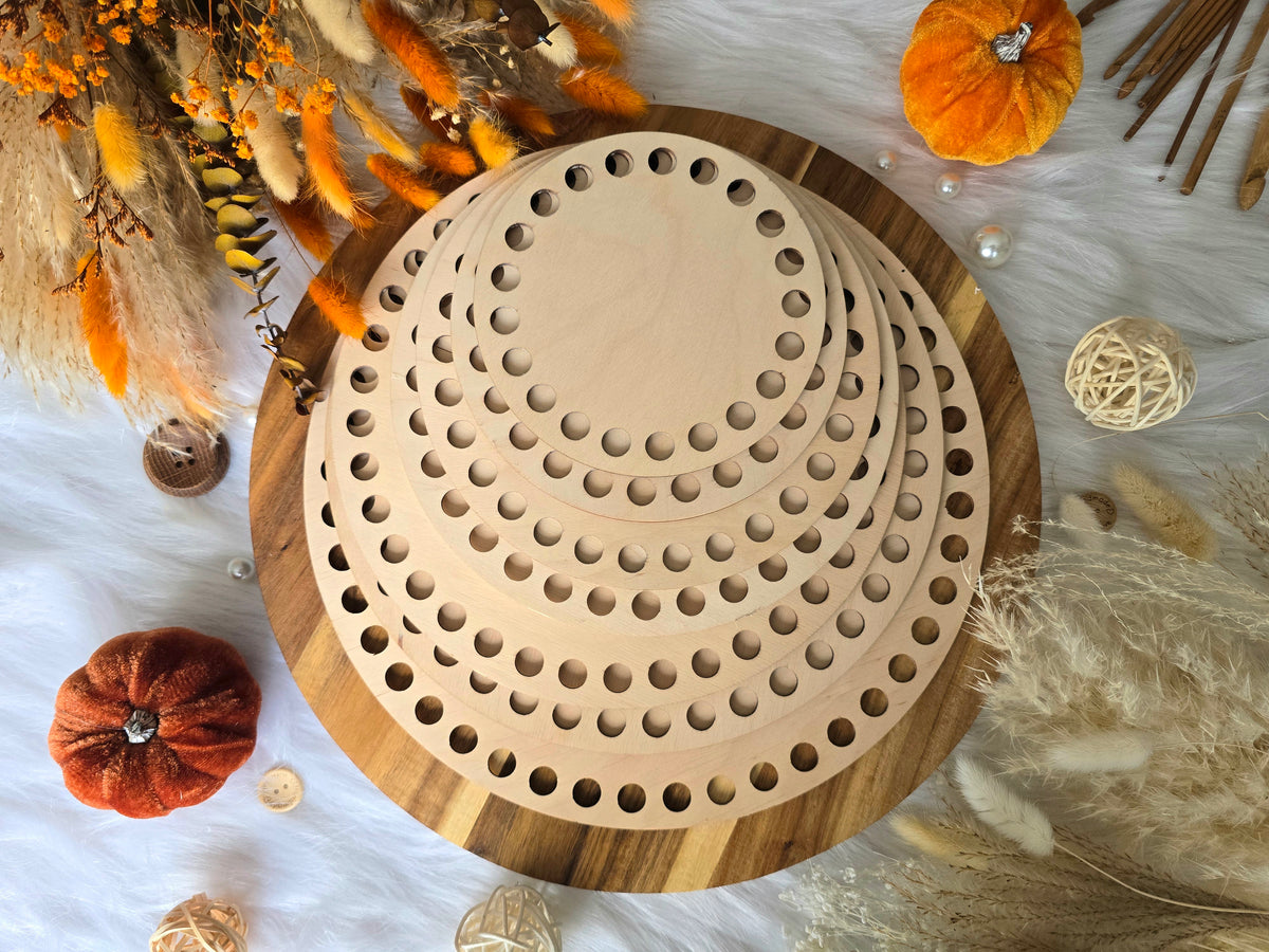 Circular wooden bases with 12mm holes for crochet, coiled or Macrame basket