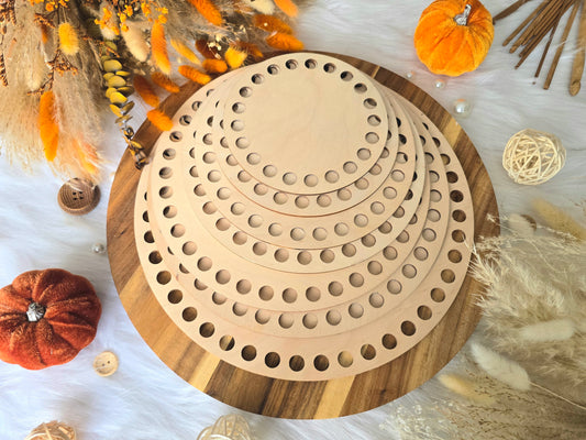 Circular wooden bases with 12mm holes for crochet, coiled or Macrame basket