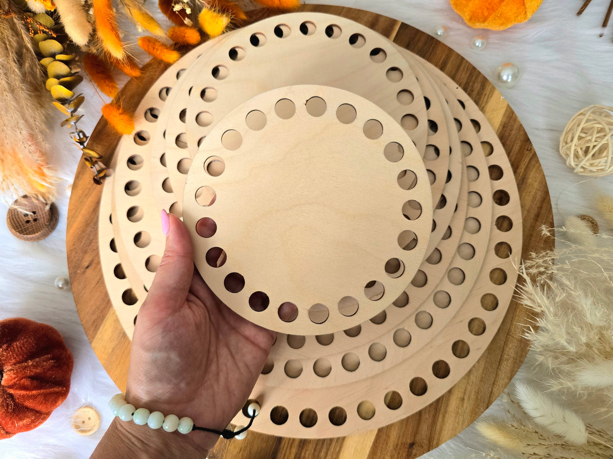 Circular wooden bases with 12mm holes for crochet, coiled or Macrame basket