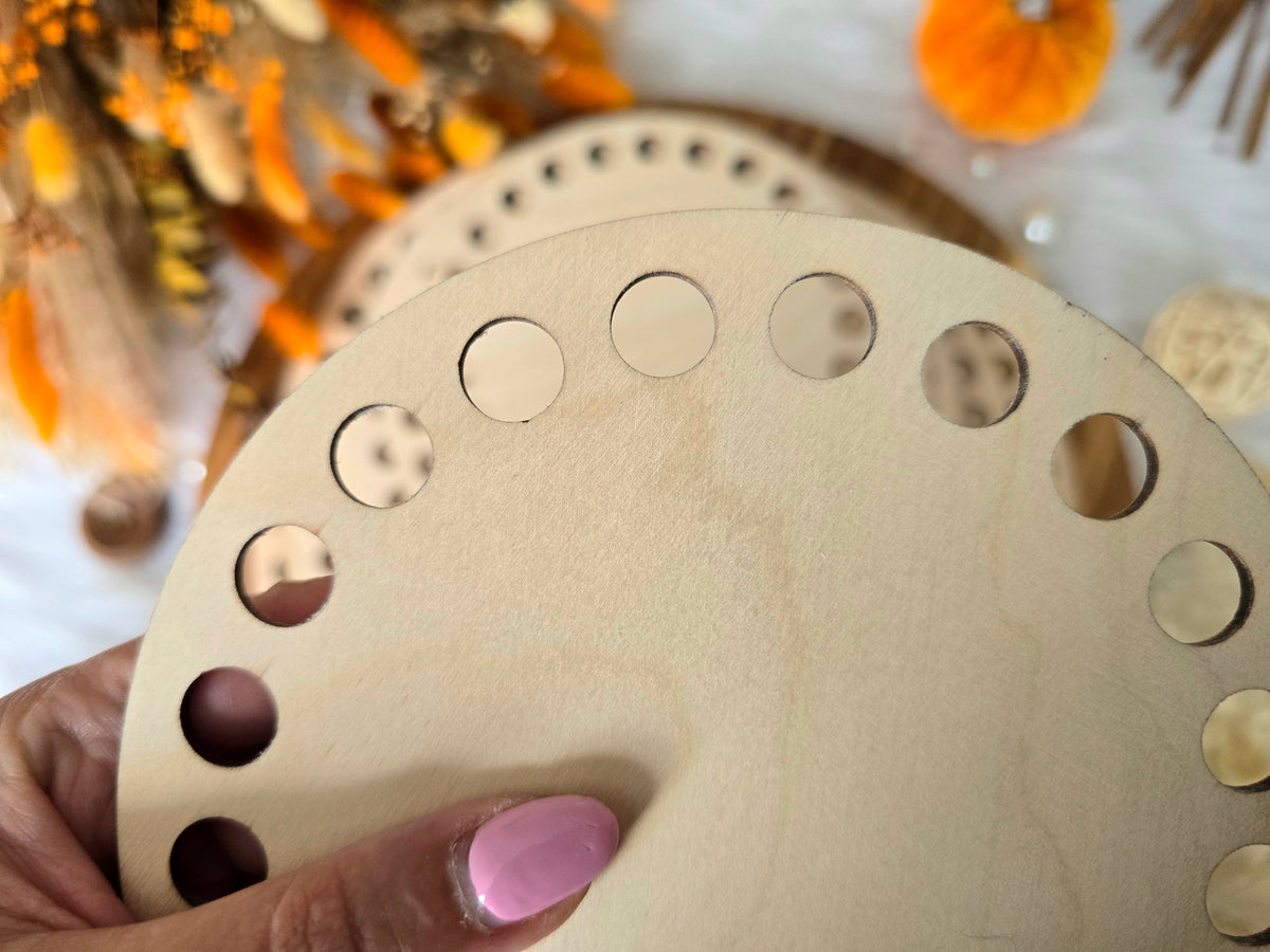 Circular wooden bases with 12mm holes for crochet, coiled or Macrame basket