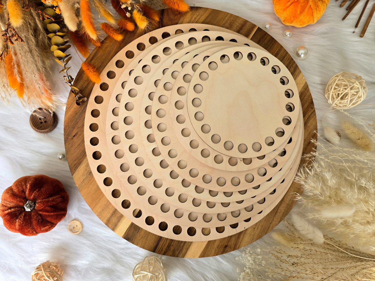 Circular wooden bases with 12mm holes for crochet, coiled or Macrame basket