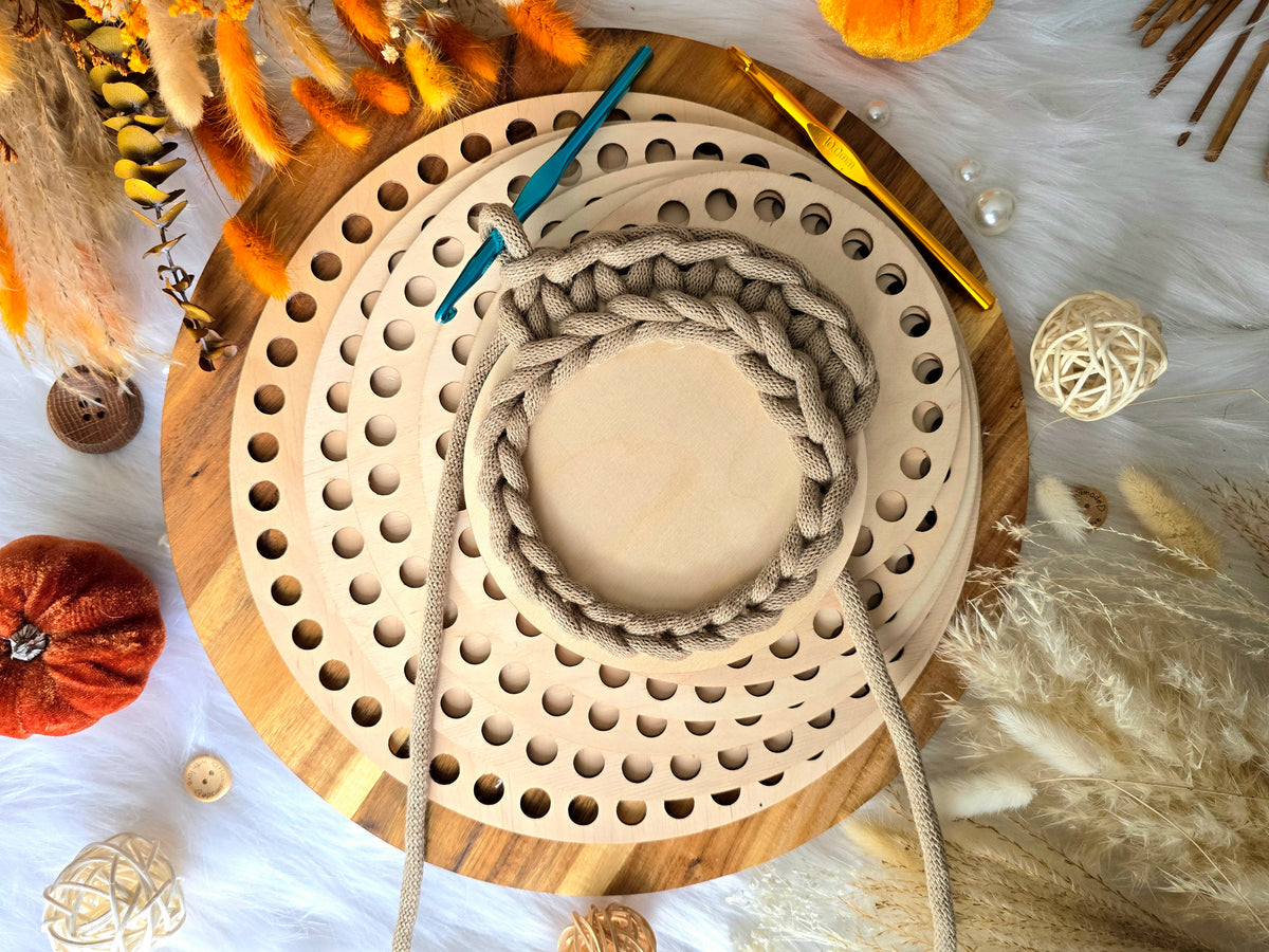 Circular wooden bases with 12mm holes for crochet, coiled or Macrame basket