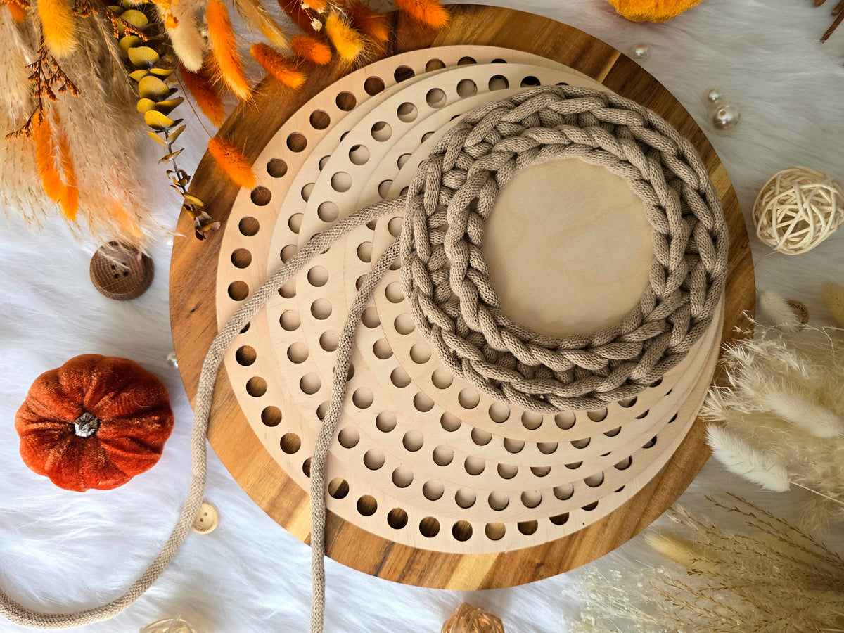 Circular wooden bases with 12mm holes for crochet, coiled or Macrame basket