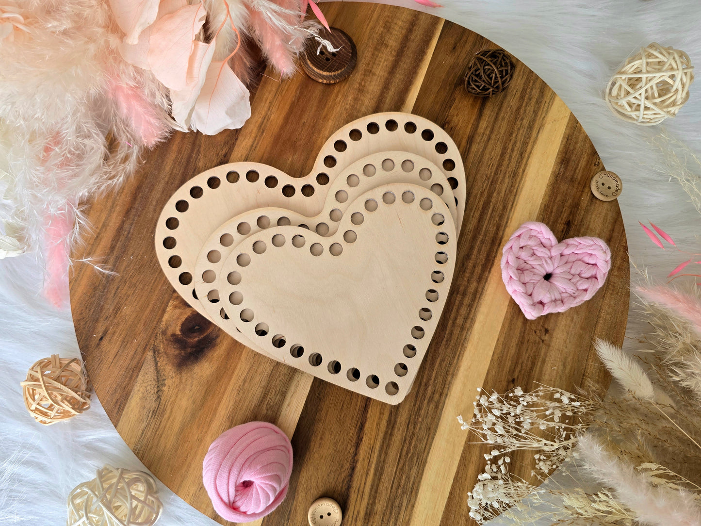 Heart wooden base for crochet, coiled or Macrame basket