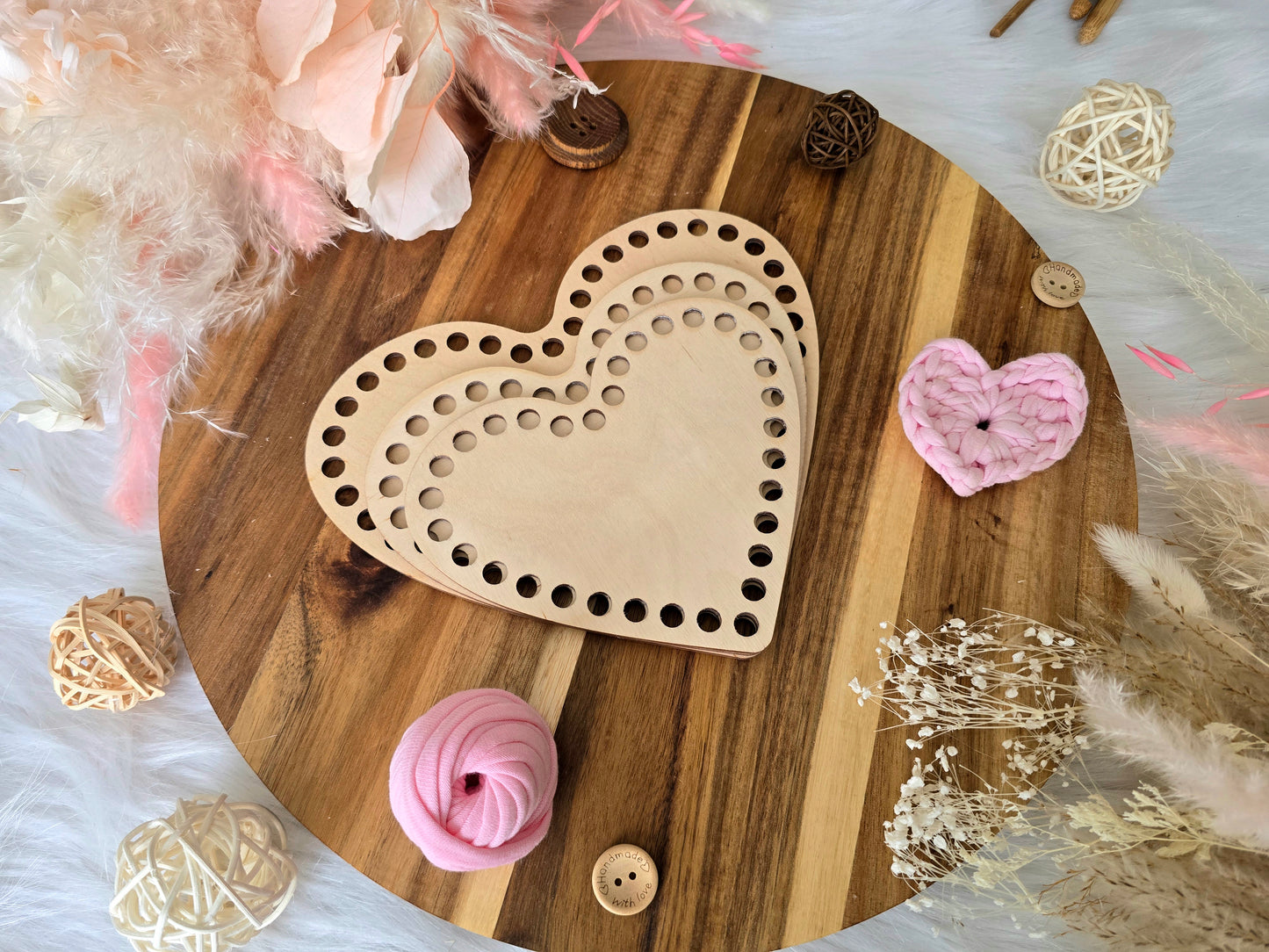 Heart wooden base for crochet, coiled or Macrame basket