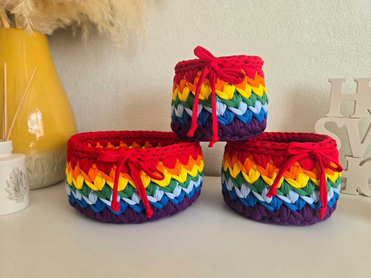 Handmade Crochet Basket: Rainbow Nursery Organizer, ECO Decor Traditional colour