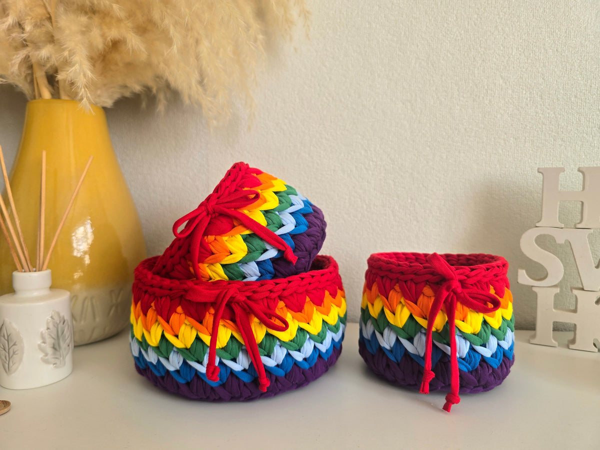 Handmade Crochet Basket: Rainbow Nursery Organizer, ECO Decor Traditional colour