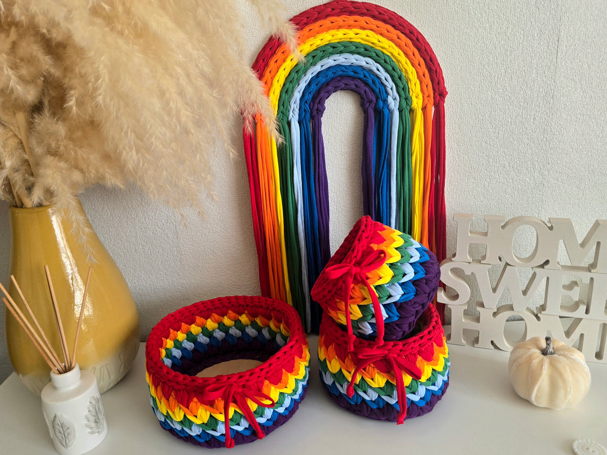 Handmade Crochet Basket: Rainbow Nursery Organizer, ECO Decor Traditional colour