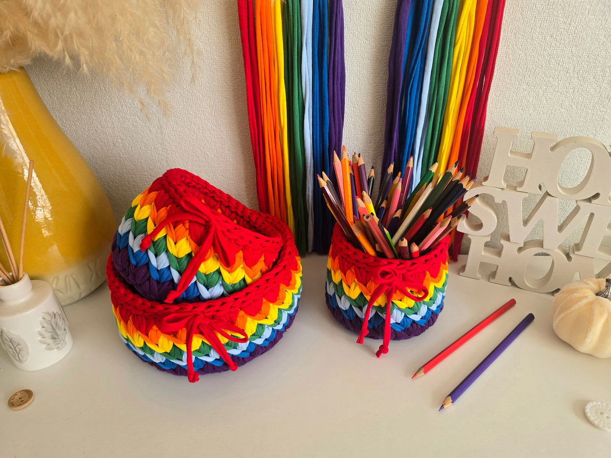 Handmade Crochet Basket: Rainbow Nursery Organizer, ECO Decor Traditional colour