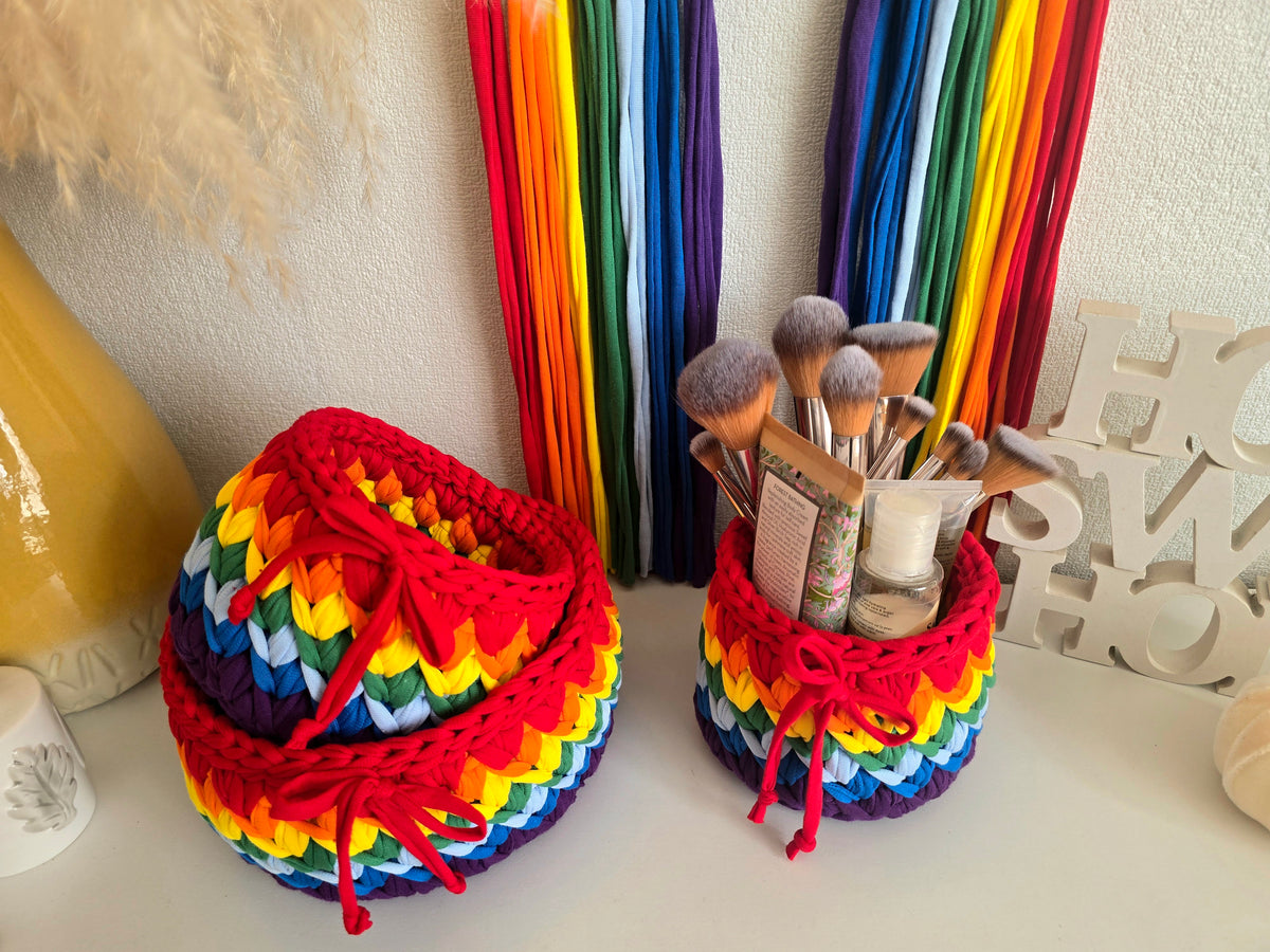 Handmade Crochet Basket: Rainbow Nursery Organizer, ECO Decor Traditional colour
