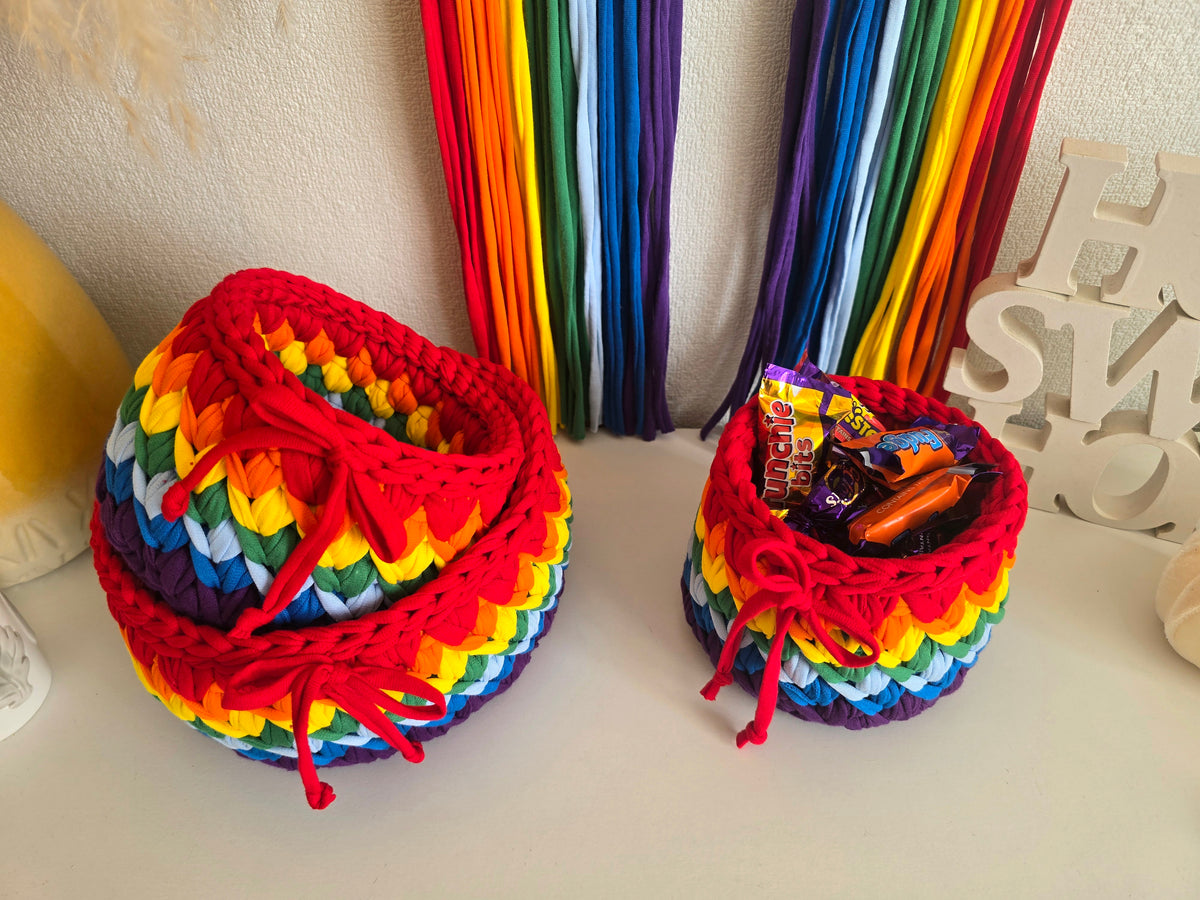Handmade Crochet Basket: Rainbow Nursery Organizer, ECO Decor Traditional colour