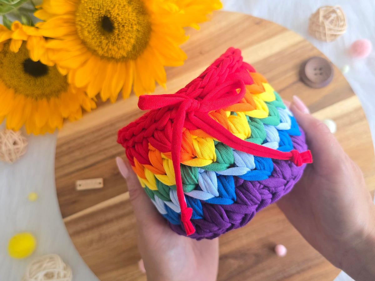 Handmade Crochet Basket: Rainbow Nursery Organizer, ECO Decor Traditional colour