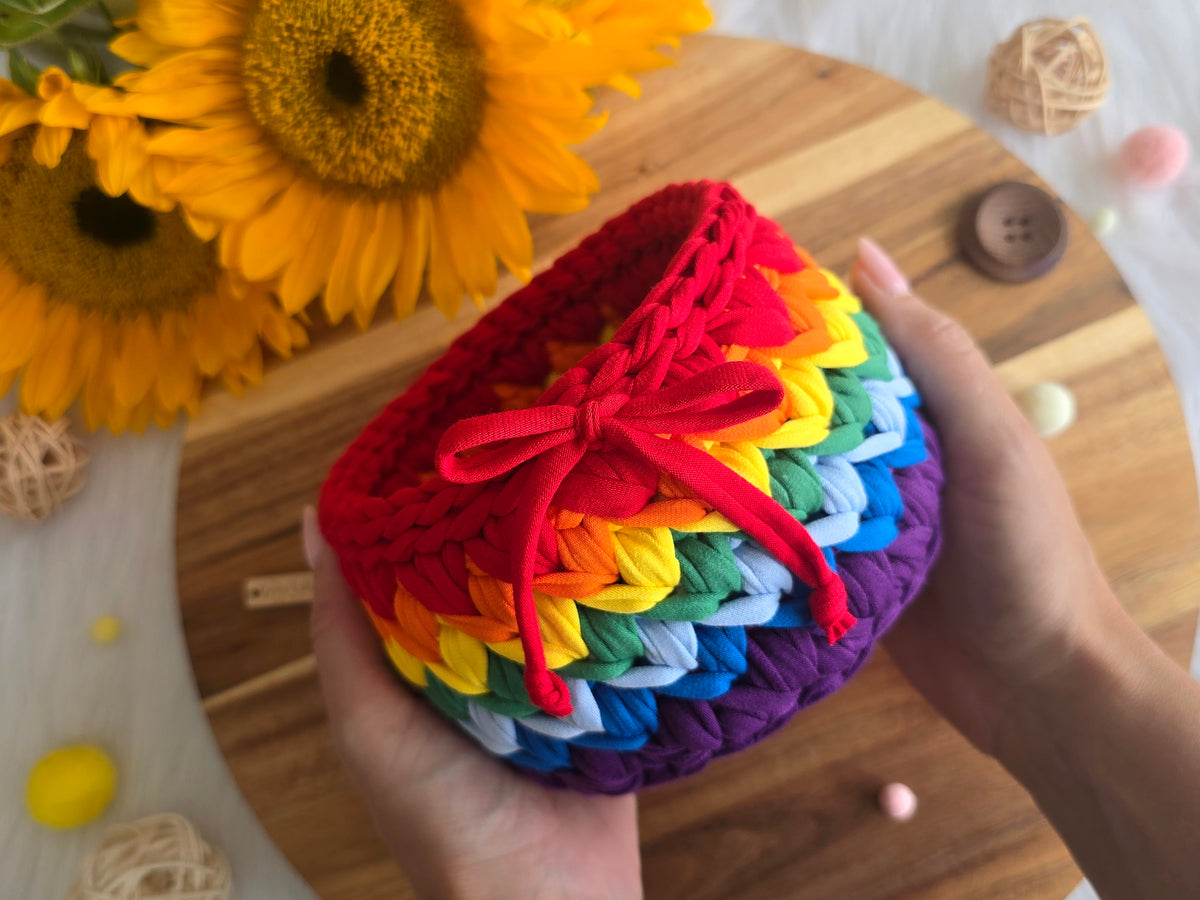Handmade Crochet Basket: Rainbow Nursery Organizer, ECO Decor Traditional colour