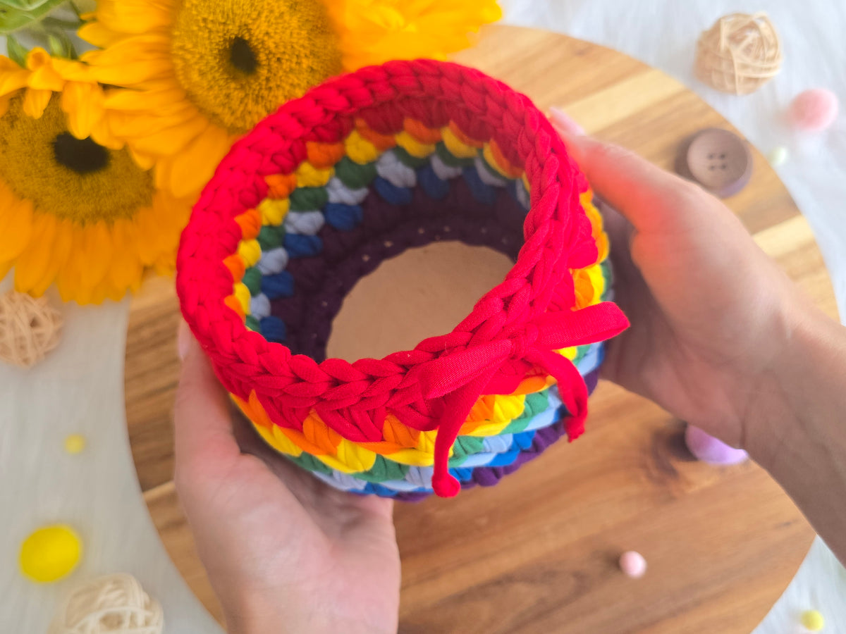 Handmade Crochet Basket: Rainbow Nursery Organizer, ECO Decor Traditional colour