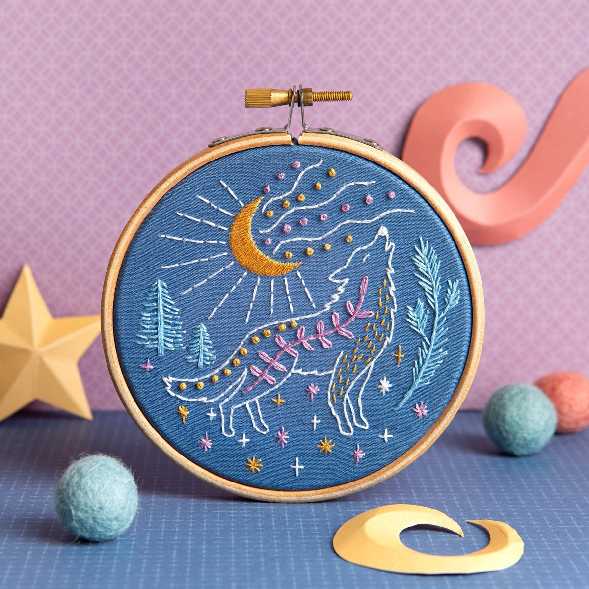 Celestial Wolf mini embroidery kit