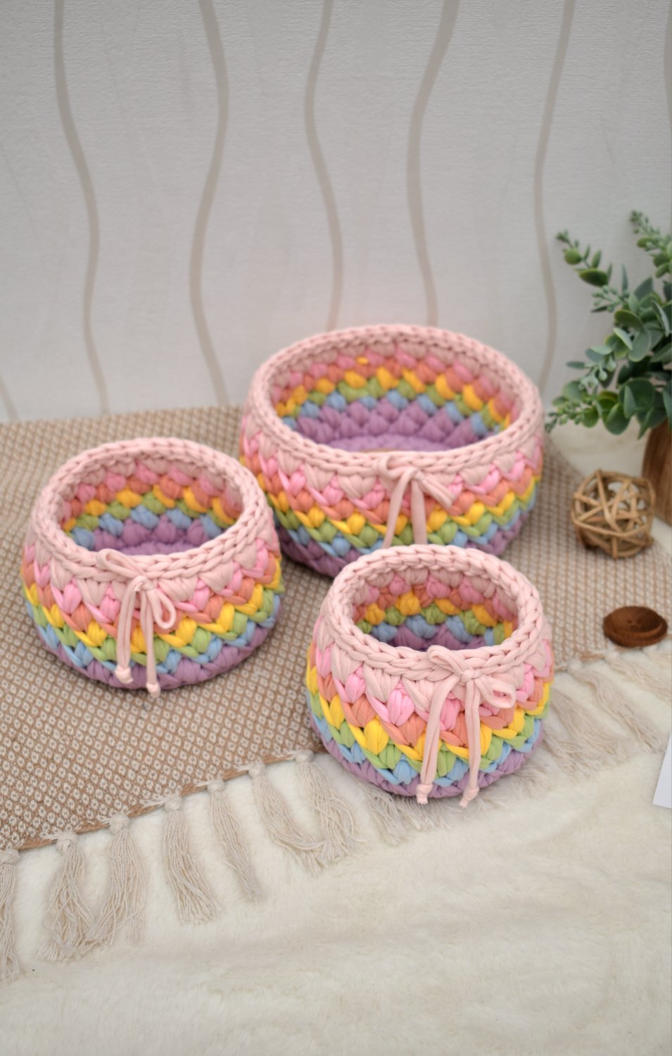Handmade Crochet Basket: Rainbow Nursery Organizer, ECO Decor