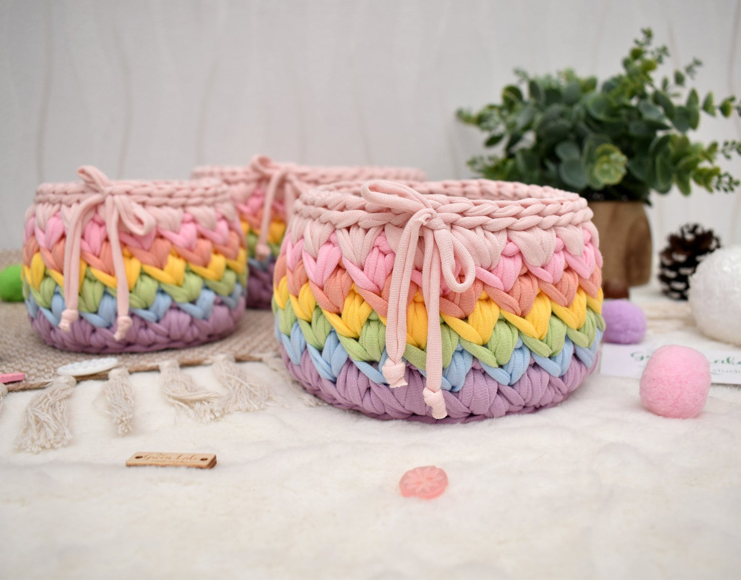 Handmade Crochet Basket: Rainbow Nursery Organizer, ECO Decor