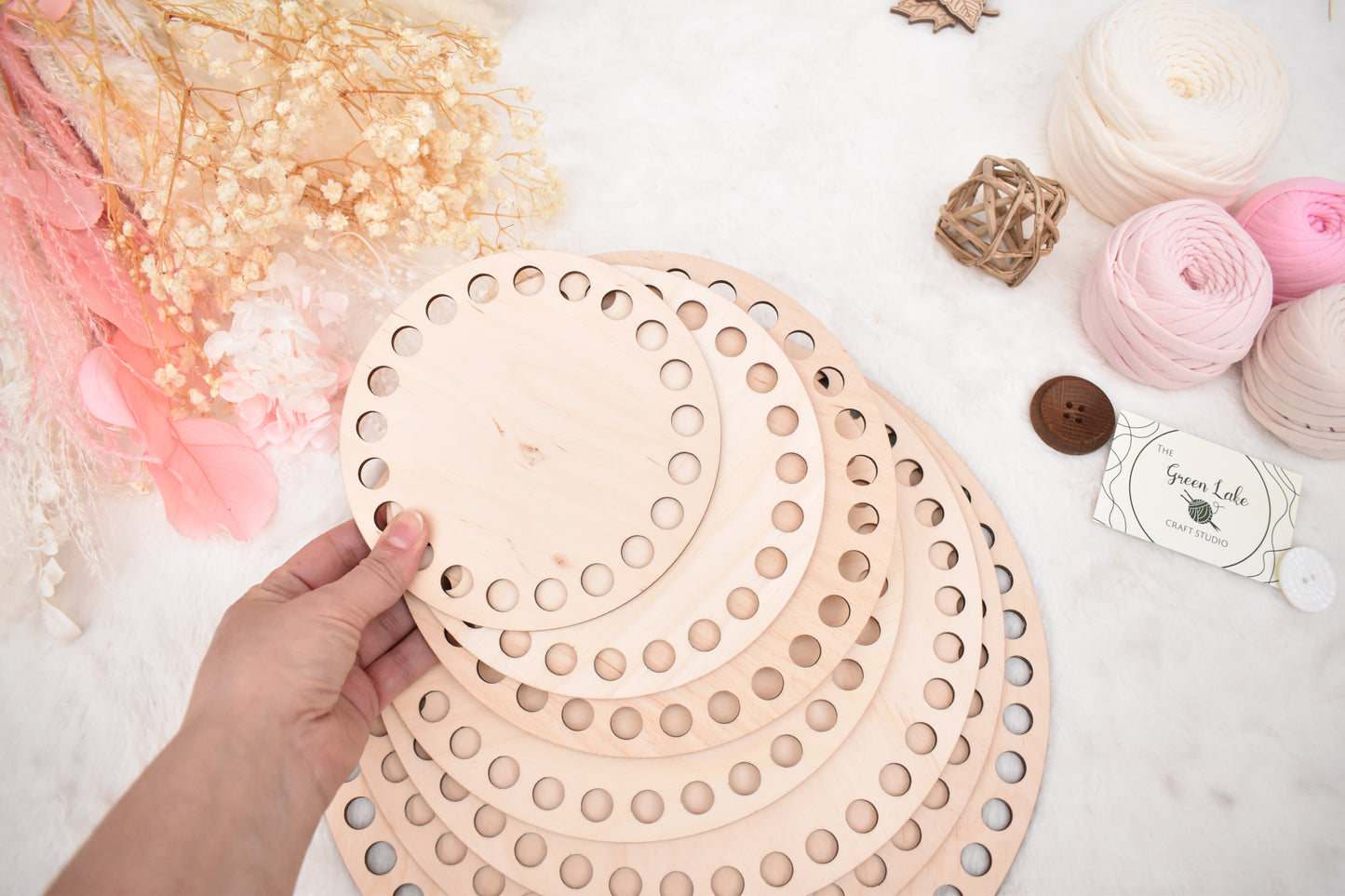 Circular wooden bases with 12mm holes for crochet, coiled or Macrame basket