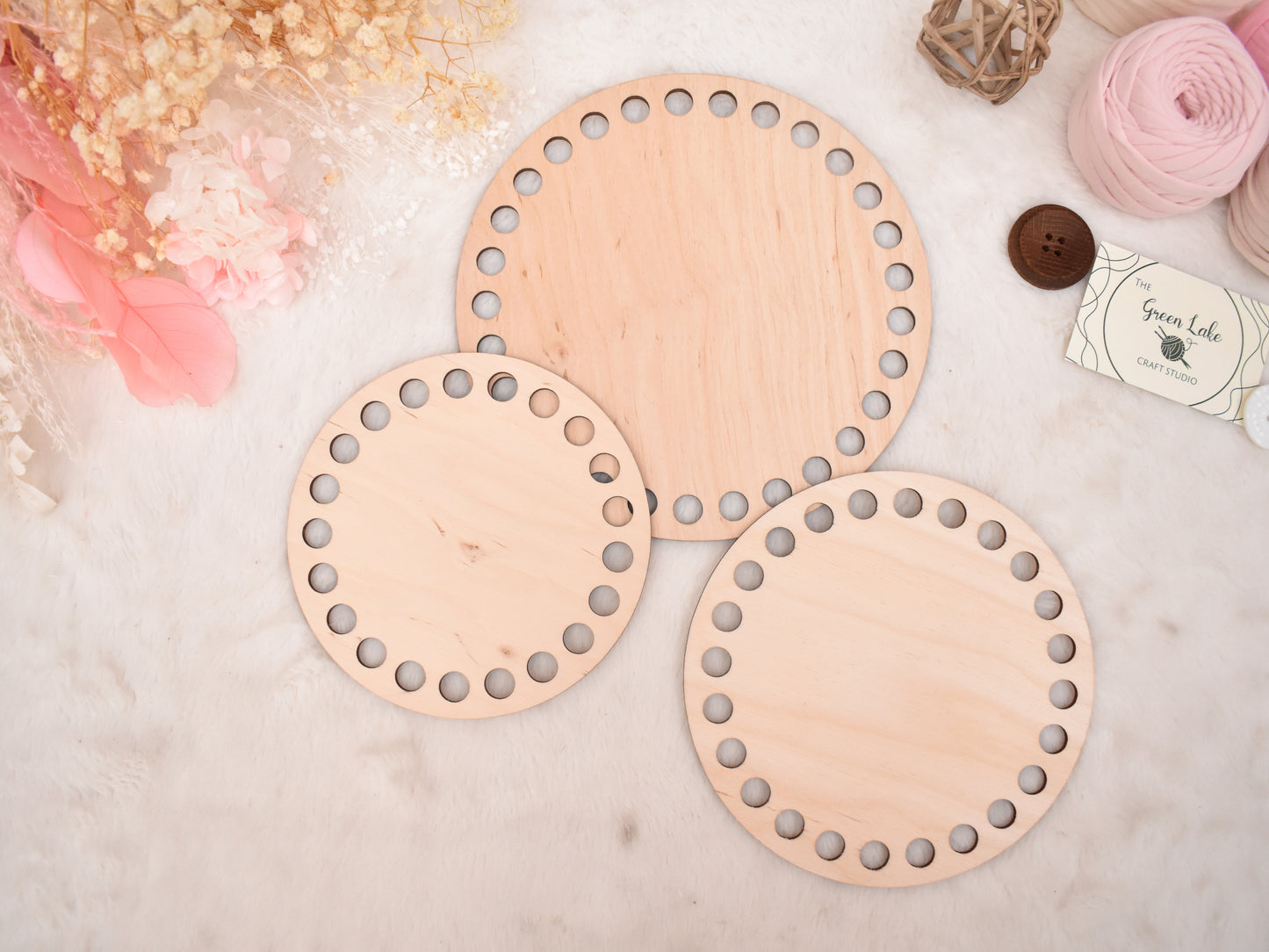 Circular wooden bases with 12mm holes for crochet, coiled or Macrame basket