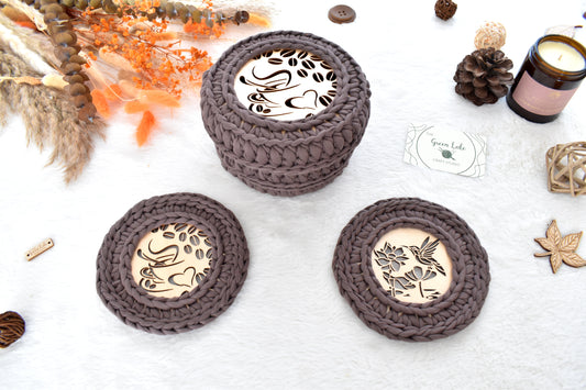 Crochet Basket & 2 Coasters Set Love Coffee