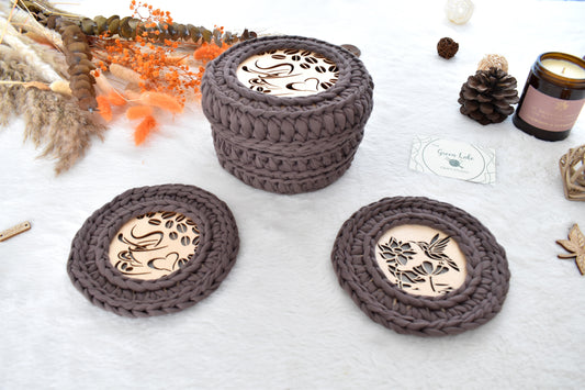 Crochet Basket & 2 Coasters Set Love Coffee