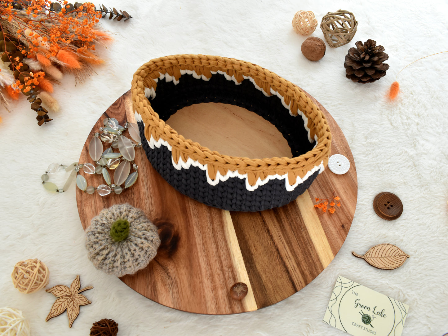 Crochet Storage Basket with 2 coasters: Autumn home decor