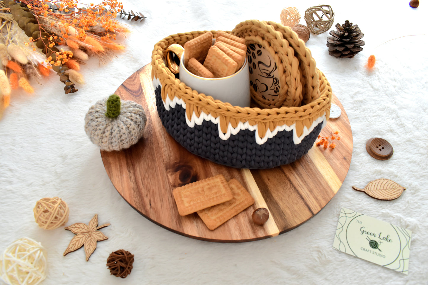 Crochet Storage Basket with 2 coasters: Autumn home decor