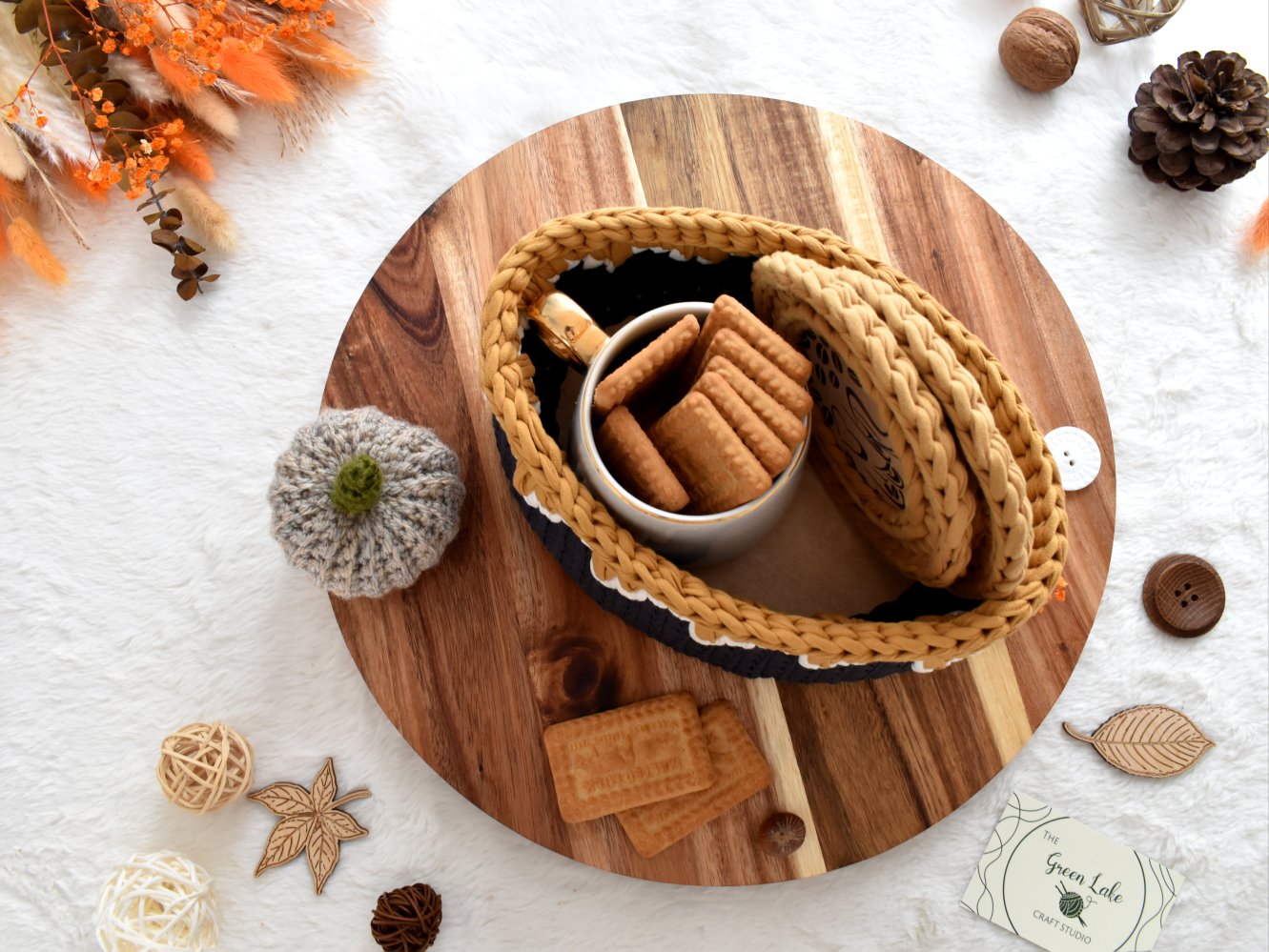 Crochet Storage Basket with 2 coasters: Autumn home decor