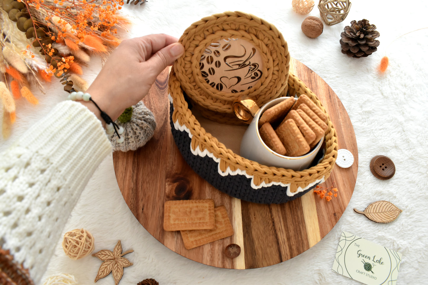 Crochet Storage Basket with 2 coasters: Autumn home decor
