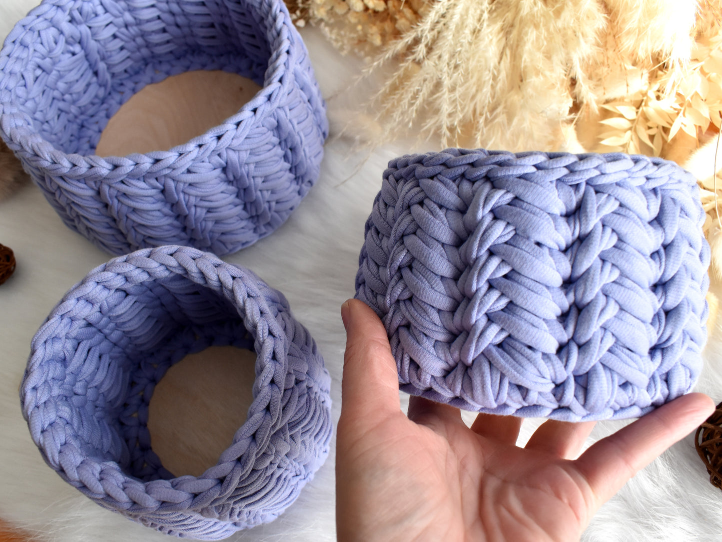 Lavender crochet baskets Individual or as a set of 3
